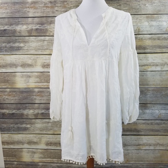 NWT Zara White Embroidered Pom Pom Mini Dress - Picture 7 of 8